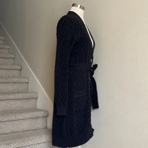 Banana Republic Sz M Belted Black Chunky Knit  Button Down Long Cardigan - Picture 4 of 16